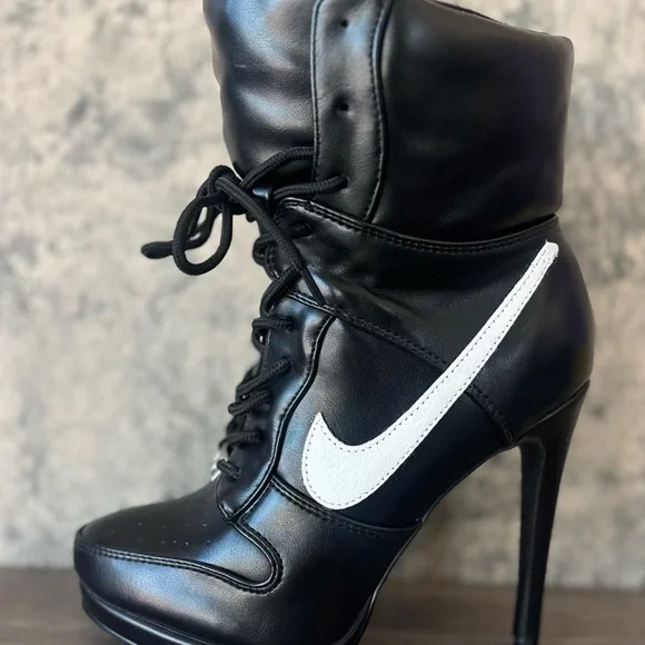 2000s Inspired Sneaker Black Lace-Up High-Heel Ankle Boot with White swoosh - Picture 7 of 7